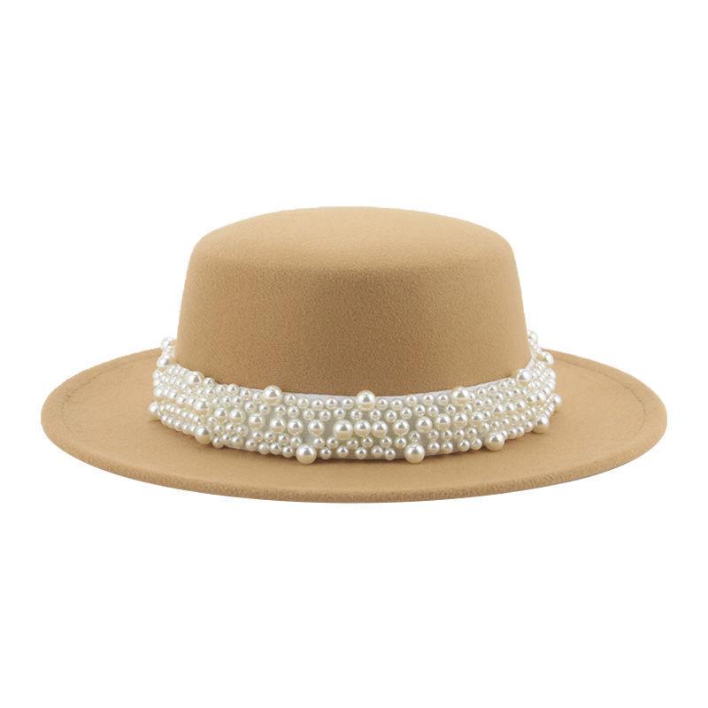 Top Hat Short Brim Hepburn Style British Style Small Round Tibetan High-end Jazz Hat Versatile Flat Top Felt Hat Pearl Premium New