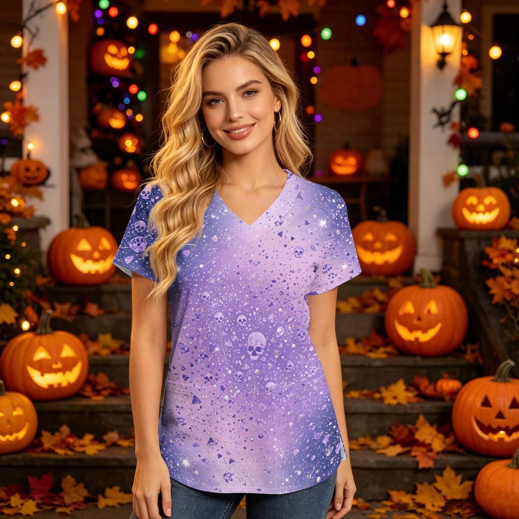 Women's V-Neck Short Sleeve Scrub Top with Pockets Halloween Print Caregiver Uniform