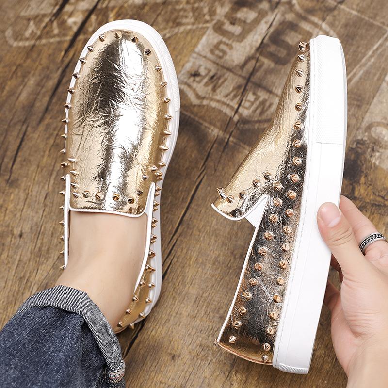 Fashion Trend New Men's Charm White Punk Rivet Leather Leisure Shoes Male Rock Thick Bottom Slip On Loafter Zapatos Hombre