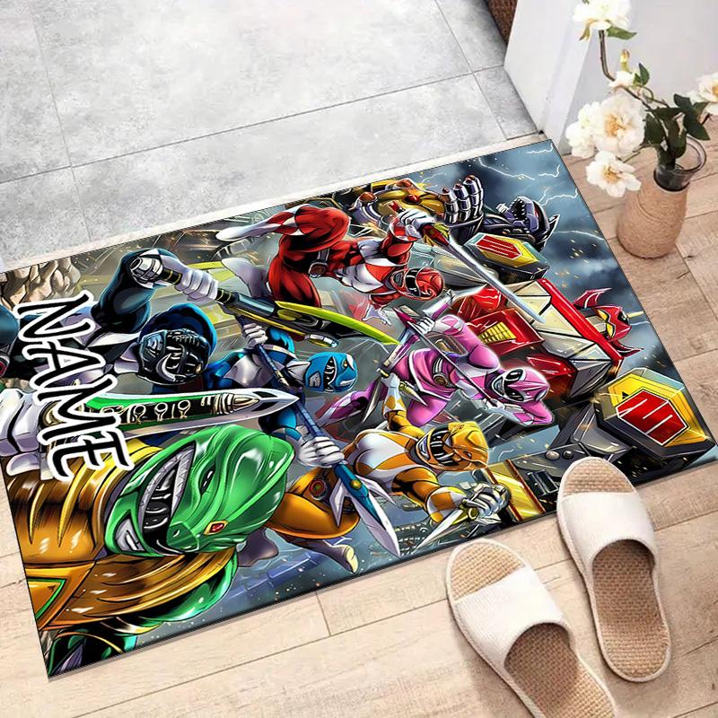 Custom Mighty Morphin Power Rangers Mat Personalized Name, Polyester Washable Indoor Entryway Rug, Gift for Christmas, Easter, Thanksgiving Day