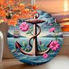 Nautical Anchor Sailboat Floral Metal Wall Art 8 Inch Round Iron Decor For Home Kitchen Cafe Hanging