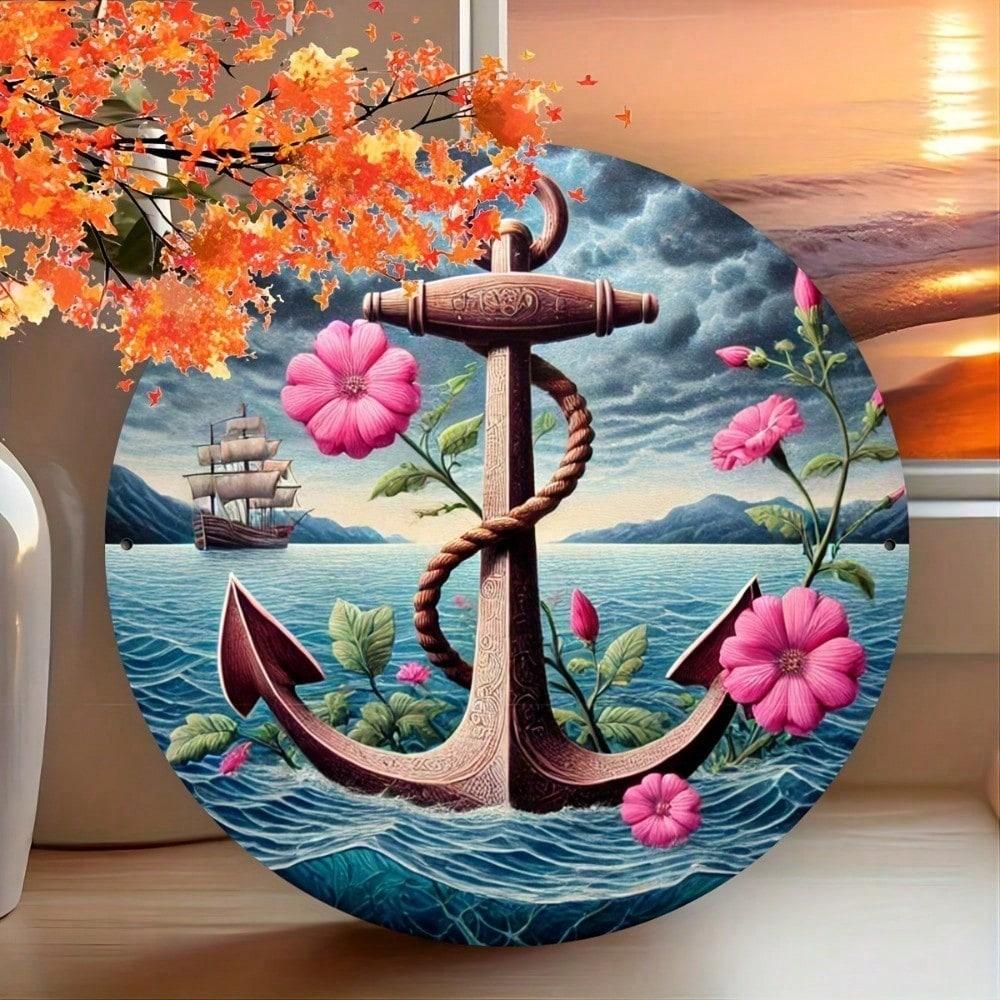 Nautical Anchor Sailboat Floral Metal Wall Art 8 Inch Round Iron Decor For Home Kitchen Cafe Hanging