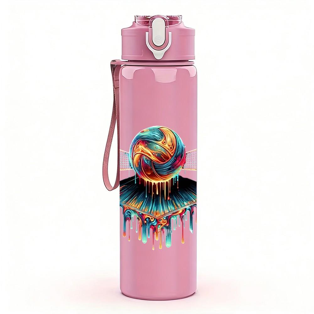 1PC Volleyball Fire Explosion Art Print 750ml Color Plastic Sports Water Bottle Leakproof Flip Straw Lid Suitable for Sports Office Home Use