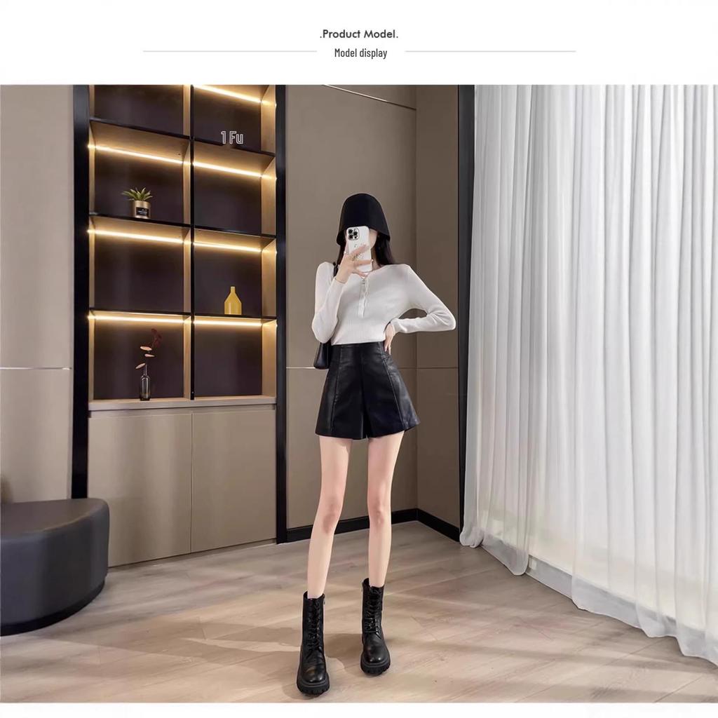 High-Waisted Leather Shorts for Women - 2026 New Style A-Line Slim Fit PU Wide-Leg Bootcut (Autumn/Winter) In Black