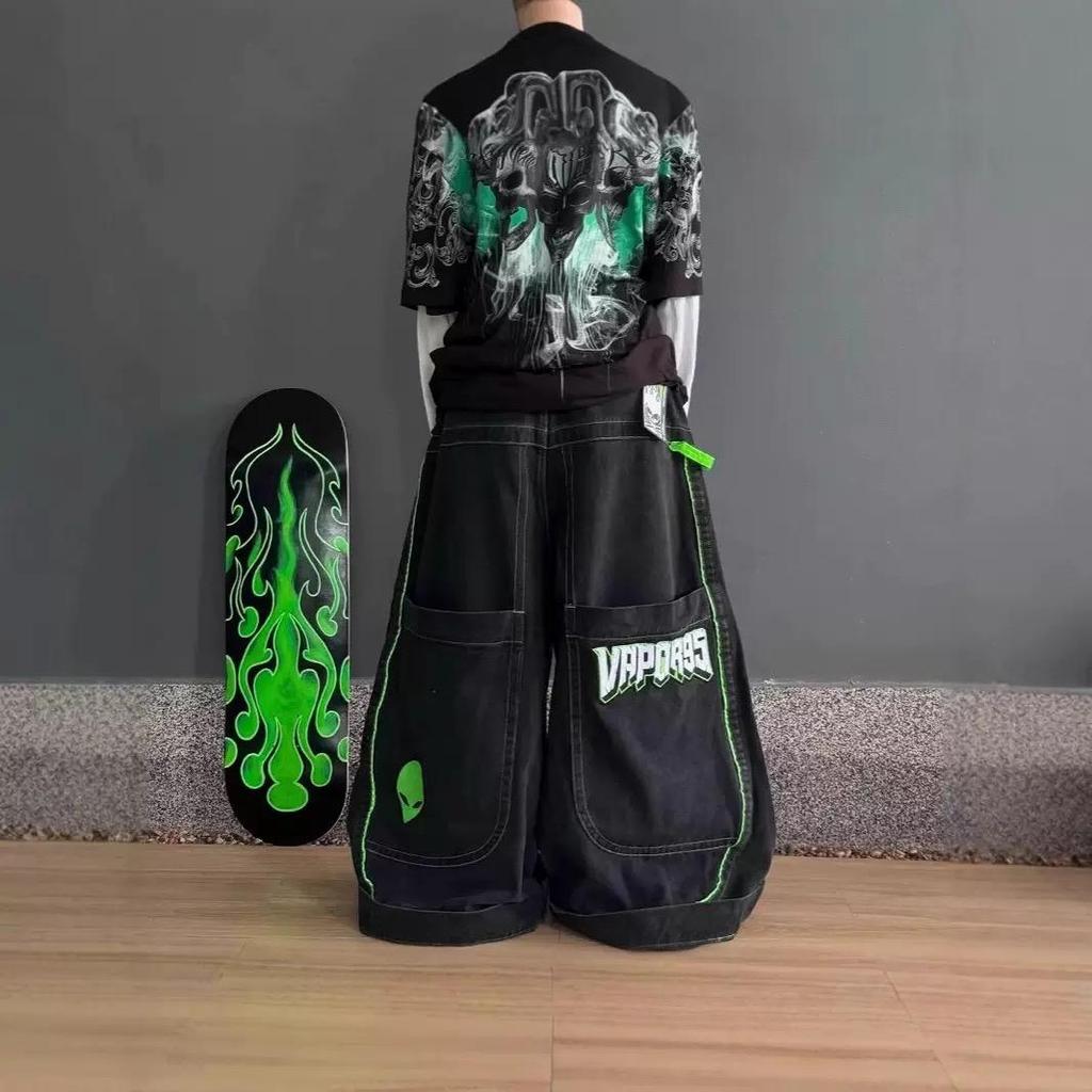 ZYLLO Moda Hombres Mujeres Tendencia Hip Hop Bolsillo Grande Pierna Ancha Vaqueros Lavado Vintage Calle Alta Vaqueros Baratos Pantalones de Retazos Negros