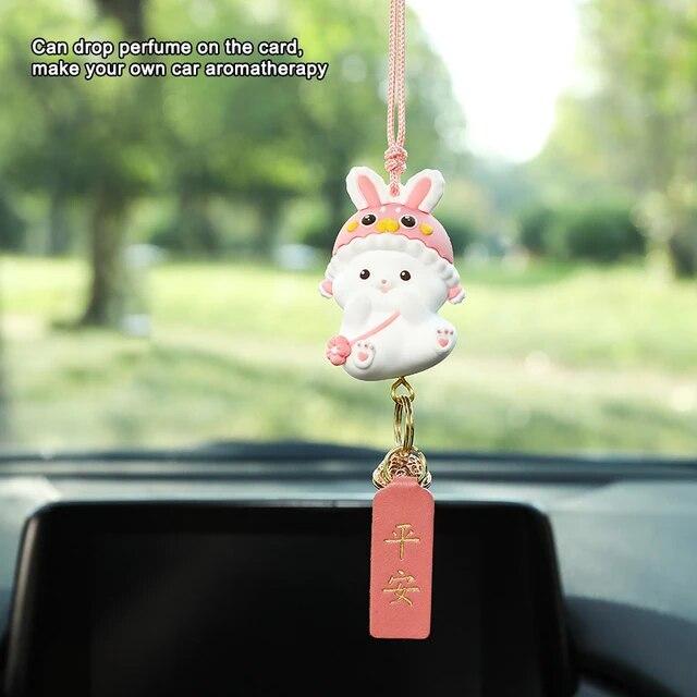 Cute Lucky Rabbit Car Pendant Amulet Blessing Rearview Mirror Hanging Alloy Key Bag Car Ornament Decor Couple Gift Xmas New Year