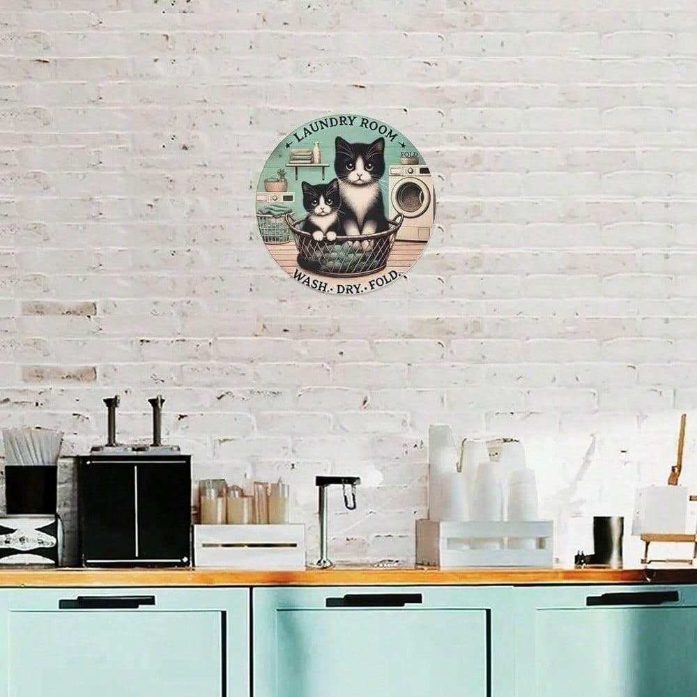 Retro Cat Metal Sign 8x8 Inch Vinyl Wall Art Laundry Kitchen Decor