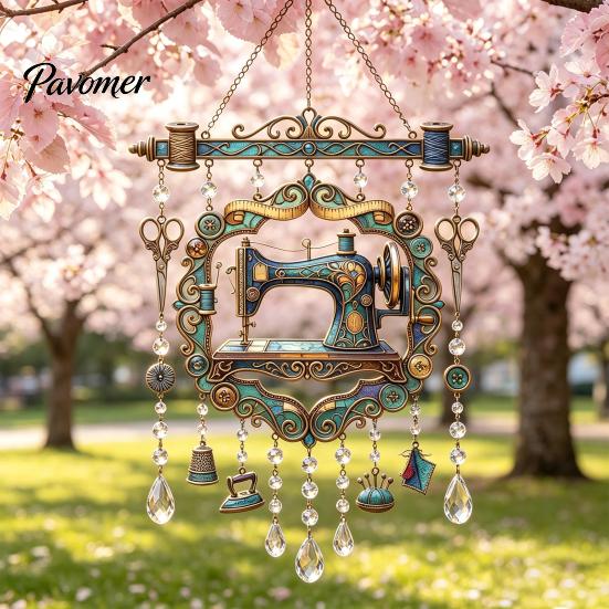 Indoor And Outdoor Hanging Ornament Vintage Sewing Machine Crystal Wind Chime, Acrylic Suncatcher, Pastoral Style Home Decor Colorful Pendants
