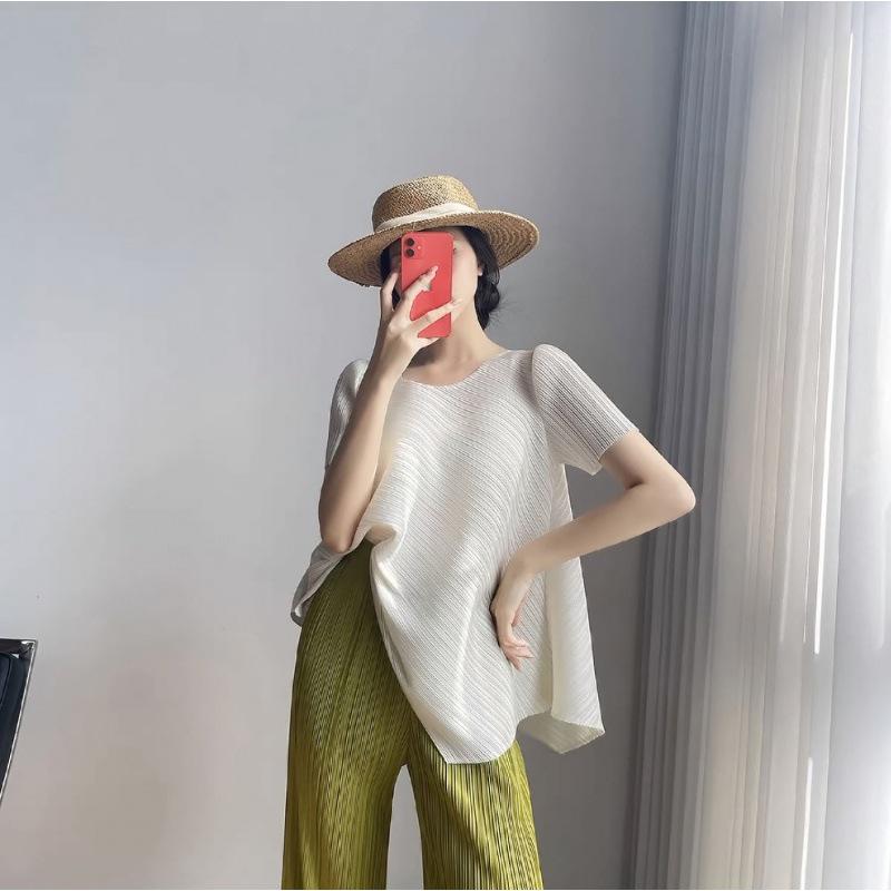 Miyake Women's Irregular Pleated Tops - Short Sleeves, Round Neck, Loose Fit, Slim and Long Niche, Perfect for Summer.