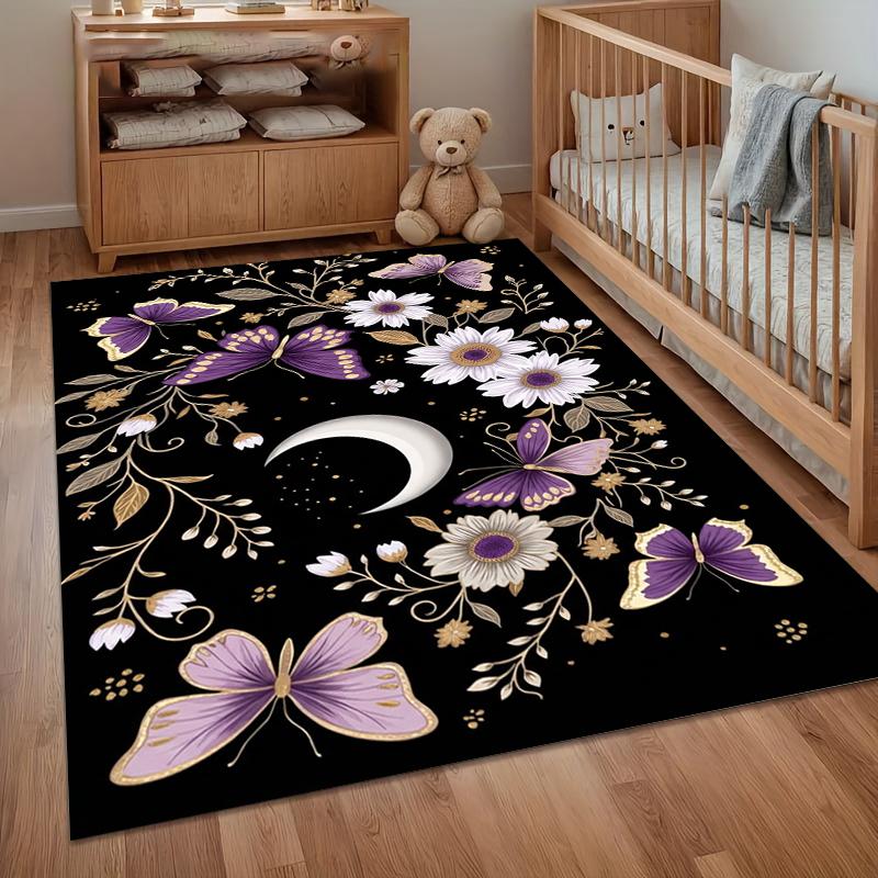 

Boho Mystic Area Rug Crescent Moon Purple Butterflies Non Slip Washable Carpet Durable Doormat for Entryway Living Room Gothic 40x60CM