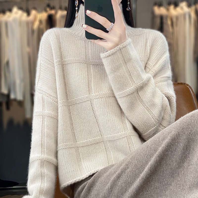 Свитер для женщин Осень Зима Утепленный Теплый Вязаный Эластичный С длинным рукавом Водолазка Топы XXXXL бежевый 3270₽