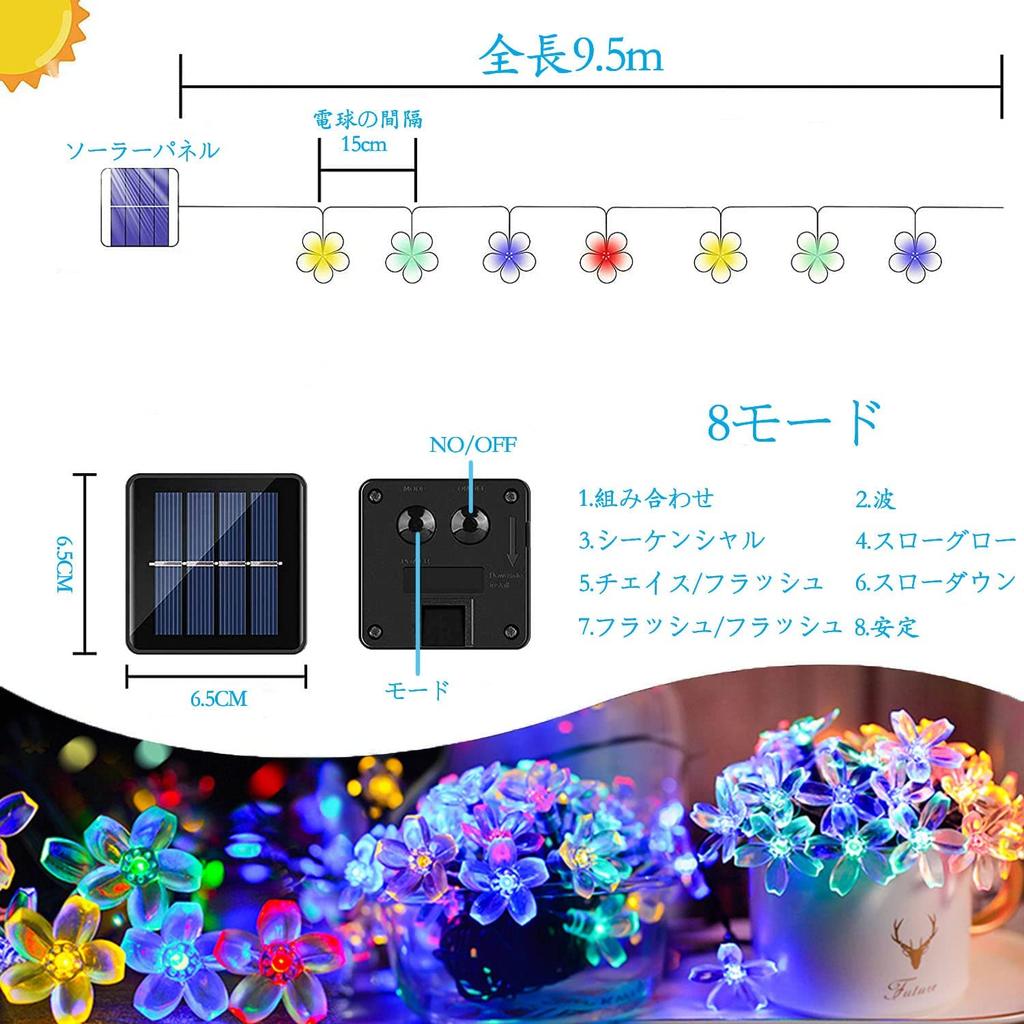 CTRIC Outdoor Solar LED String Lights 9.5M 50 LEDs 8 Lighting Modes Automatic Night Lighting Cherry Blossom Pattern Solar Fairy Tale Lamp Garden