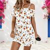 Women Plus Size One Shoulder Short Sleeve Loose White Halloween Printed Dress