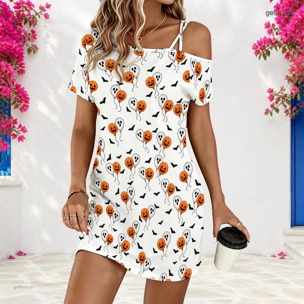 Women Plus Size One Shoulder Short Sleeve Loose White Halloween Printed Dress