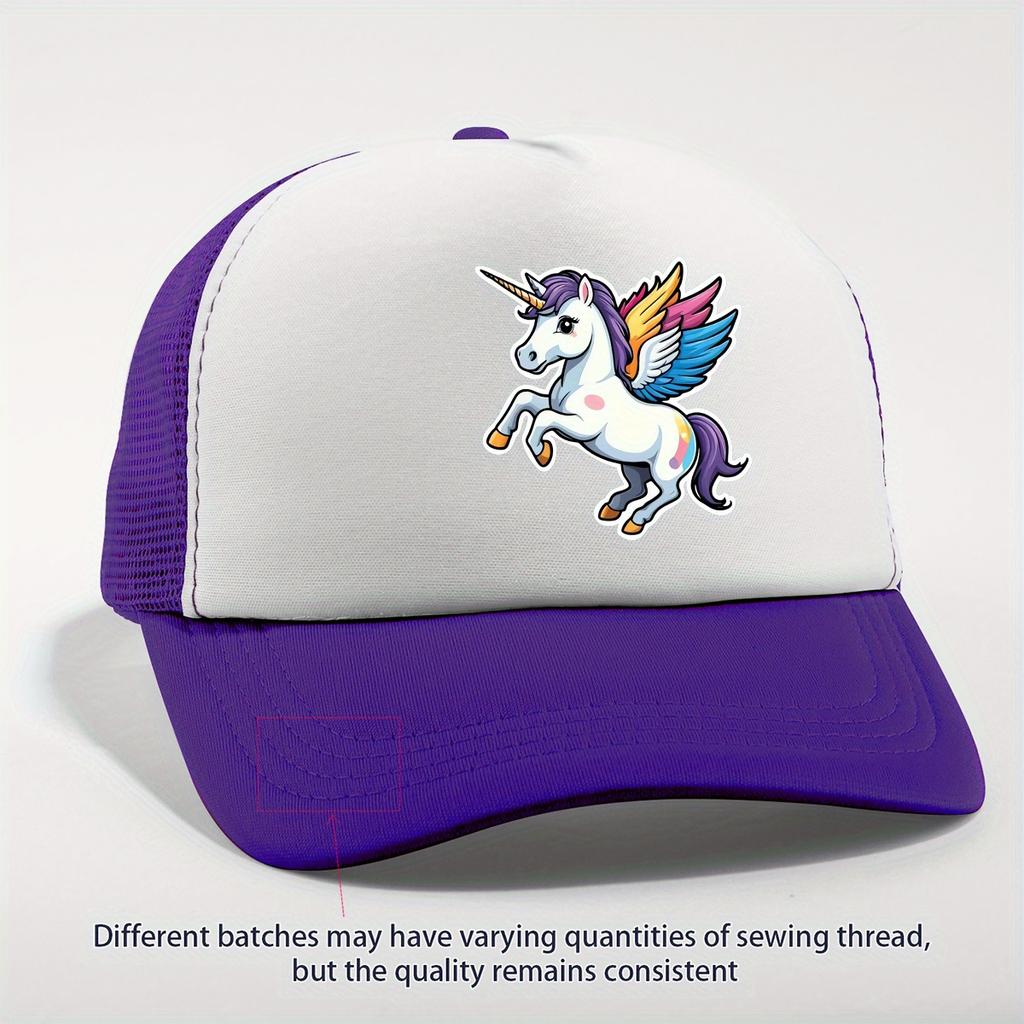 Winged Unicorn Flying Rainbow Pegasus Trucker Hat Pink White Mesh Adjustable Breathable Casual Baseball Cap