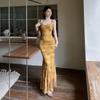 Women's Vintage Floral Print Sling Dress Slim Fit Mermaid Hem Long Evening Dress