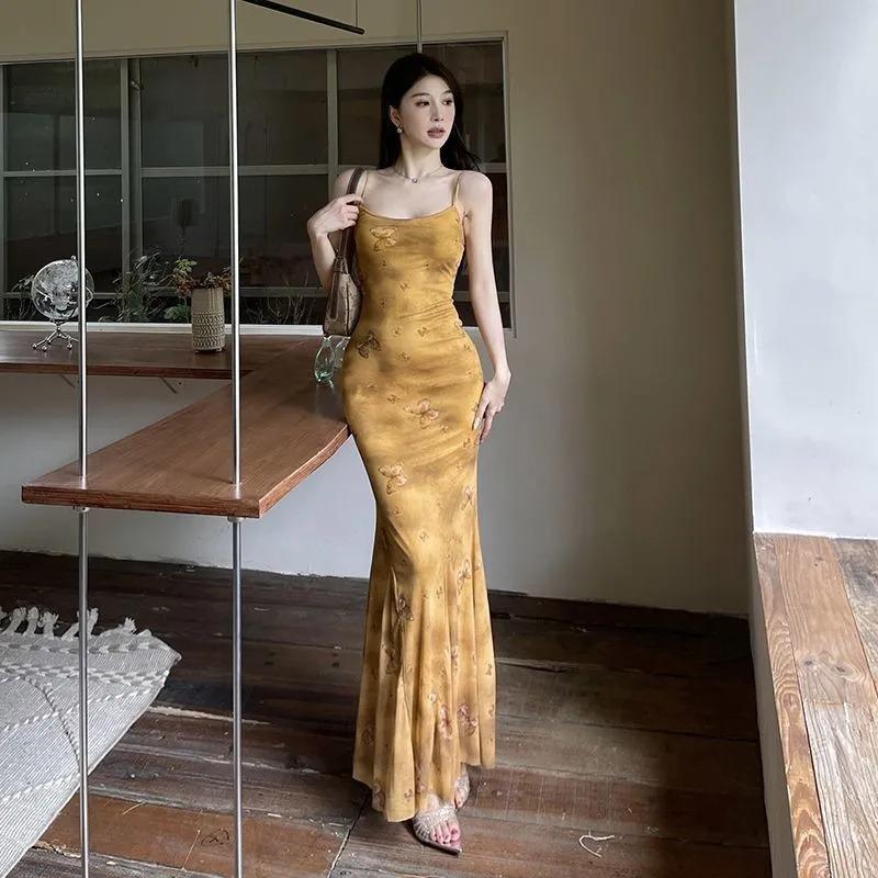 Women s Vintage Floral Print Sling Dress Slim Fit Mermaid Hem Long Evening Dress S