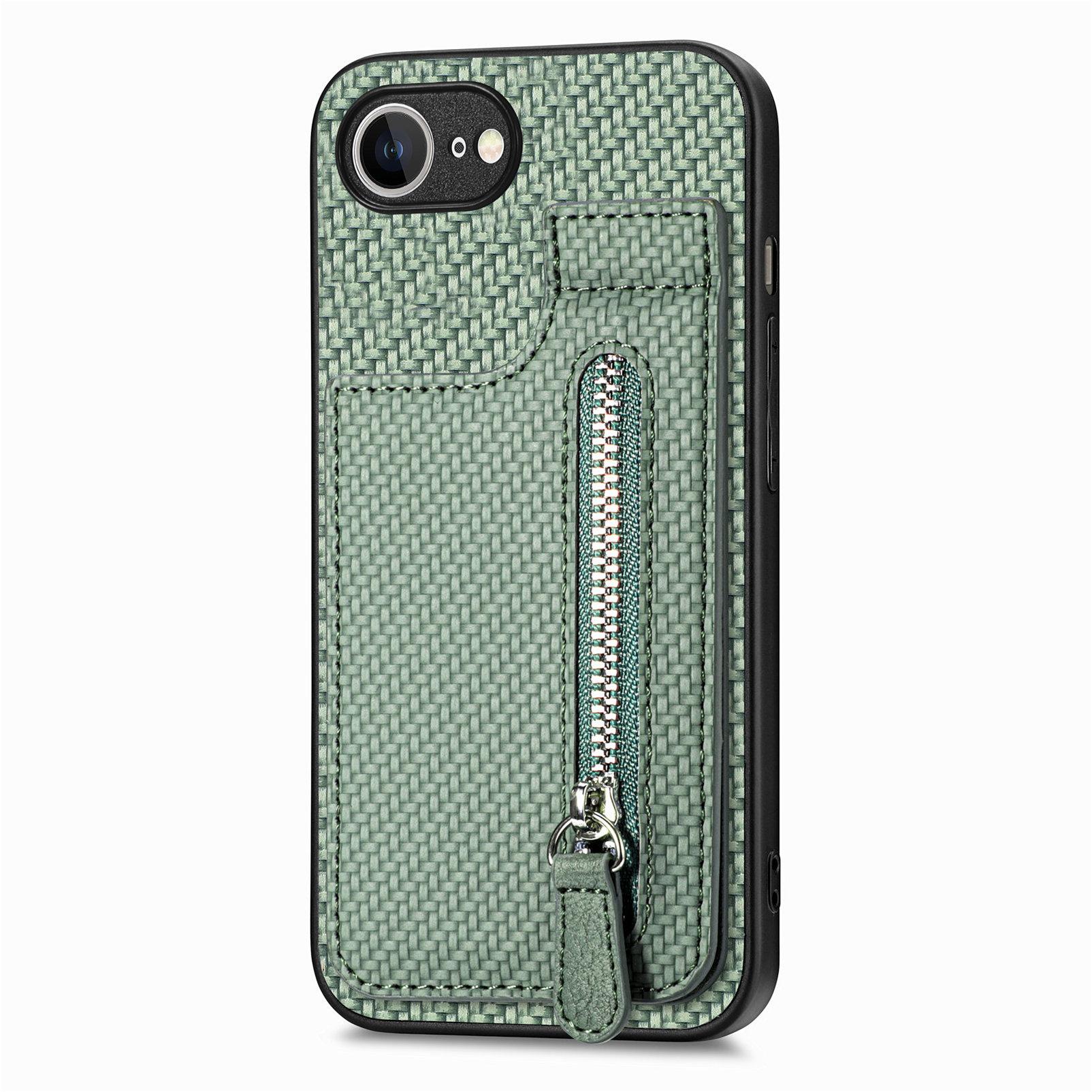 

For iPhone 16e Case Leather Phone Back Cover with Zipper Card Holder Kickstand Green