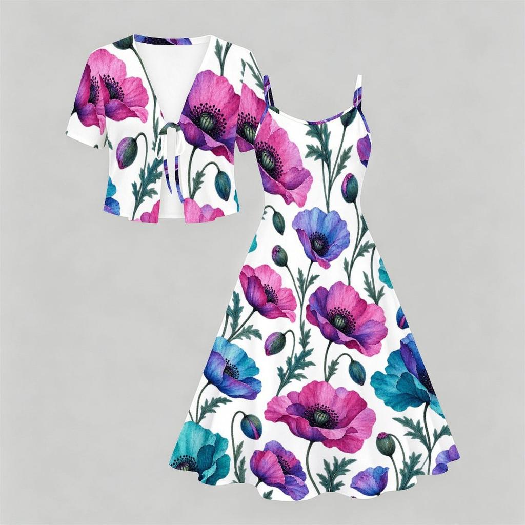 Women Plus Size Floral Printed Two Piece Set Short Sleeve Tie Front Shrug Strappy Flared Dress