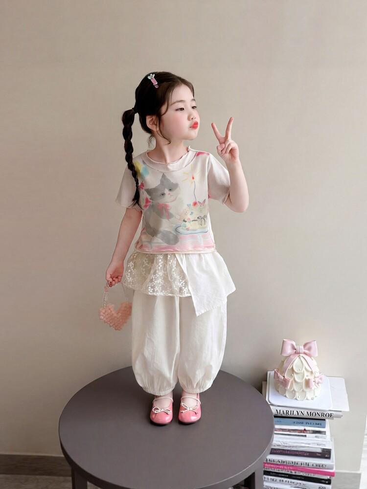 Girls' Cat Print Short Sleeve Top & Mesh Lantern Pants Two-Piece Summer Set