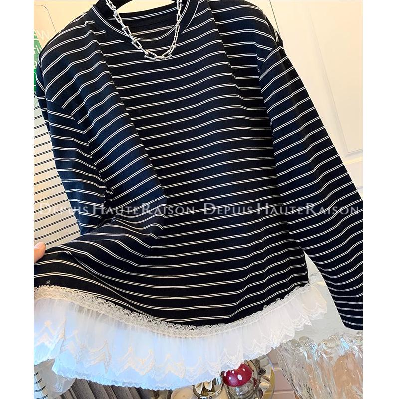Korean-Style Striped Lace Trim Fake Two-Piece Long-Sleeve Women's T-Shirt