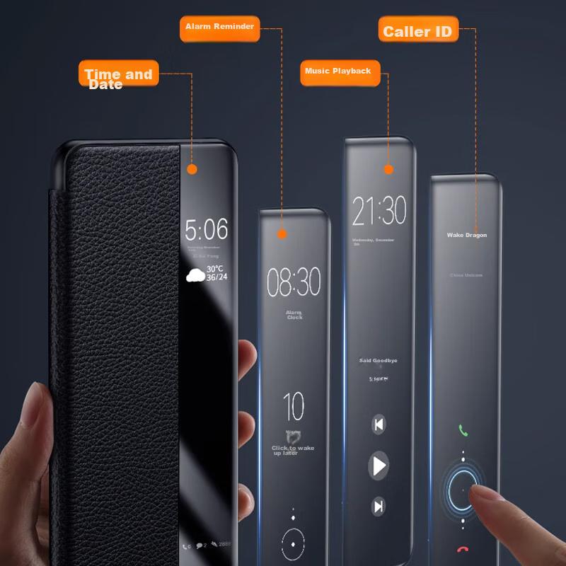 Huawei Pura70Pro/Pro Handyhülle, Leder Klapphülle mit Smart View Fenster, Einfach zu installieren, Vollschutz, Stoßfeste Außenseite, Schwarz
