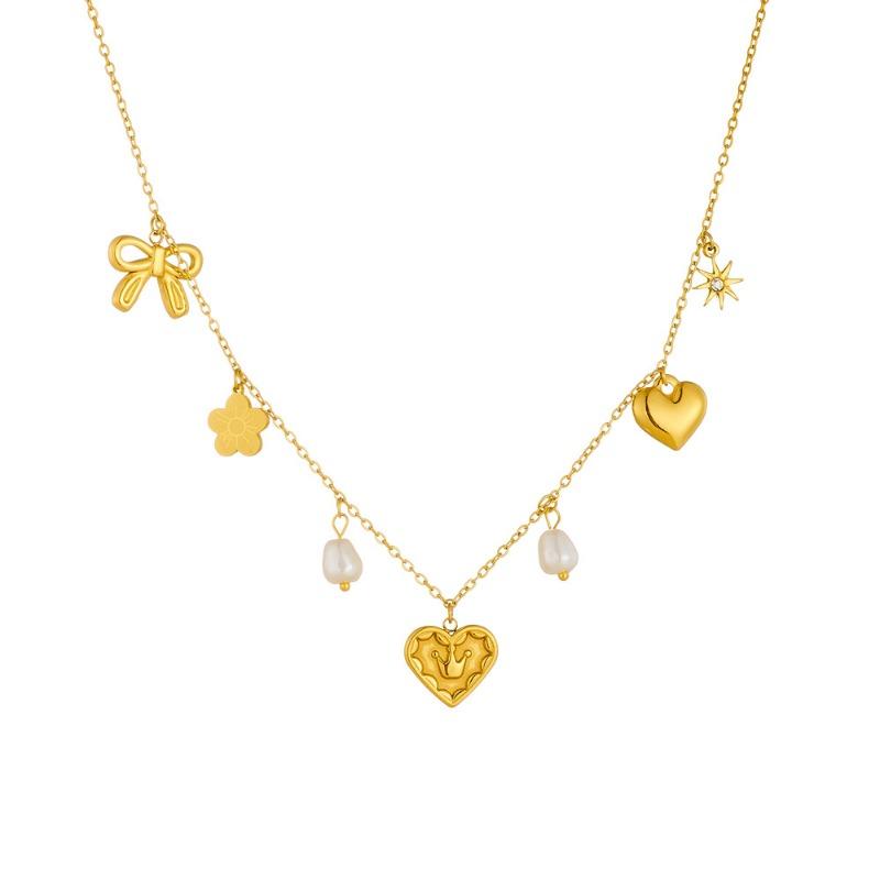 Gold Plated Multi Charm Heart Pendant Necklace, Stainless Steel Freshwater Pearl Choker, Waterproof Dainty Jewelry for Women Gift