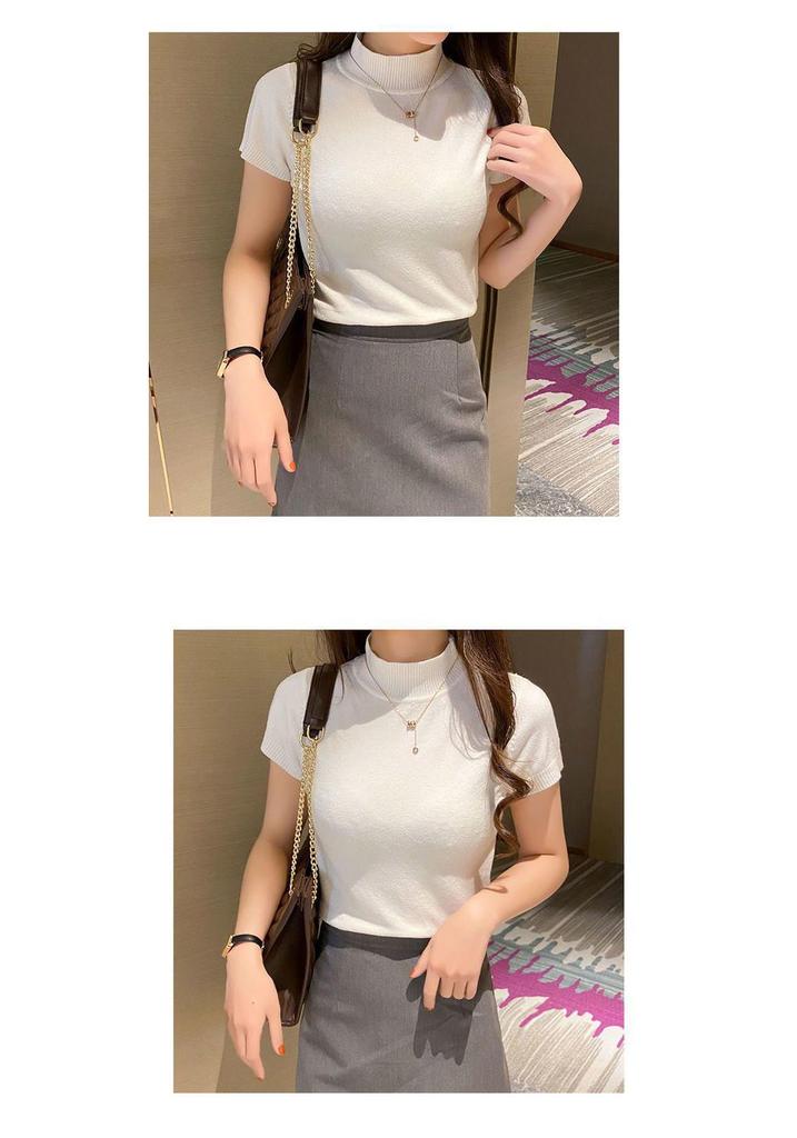 Women's Ice Silk Knit Slim Fit Short Sleeve Top - Half-High Collar, Stretchy, Solid Color