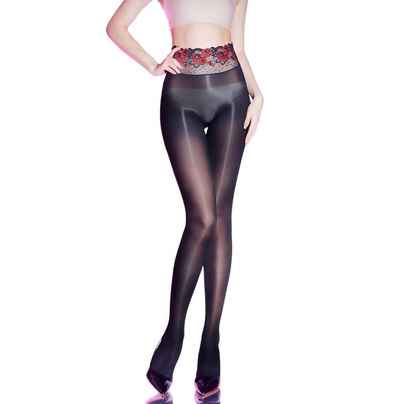 Spitze Hohe Taille Tiefer Schritt Pferdeöl Schwarze Seide Damen Ultra Dünn 5D912 Nadelöl Glänzend Seidig Sexy Offener Schritt Verführung Panty
