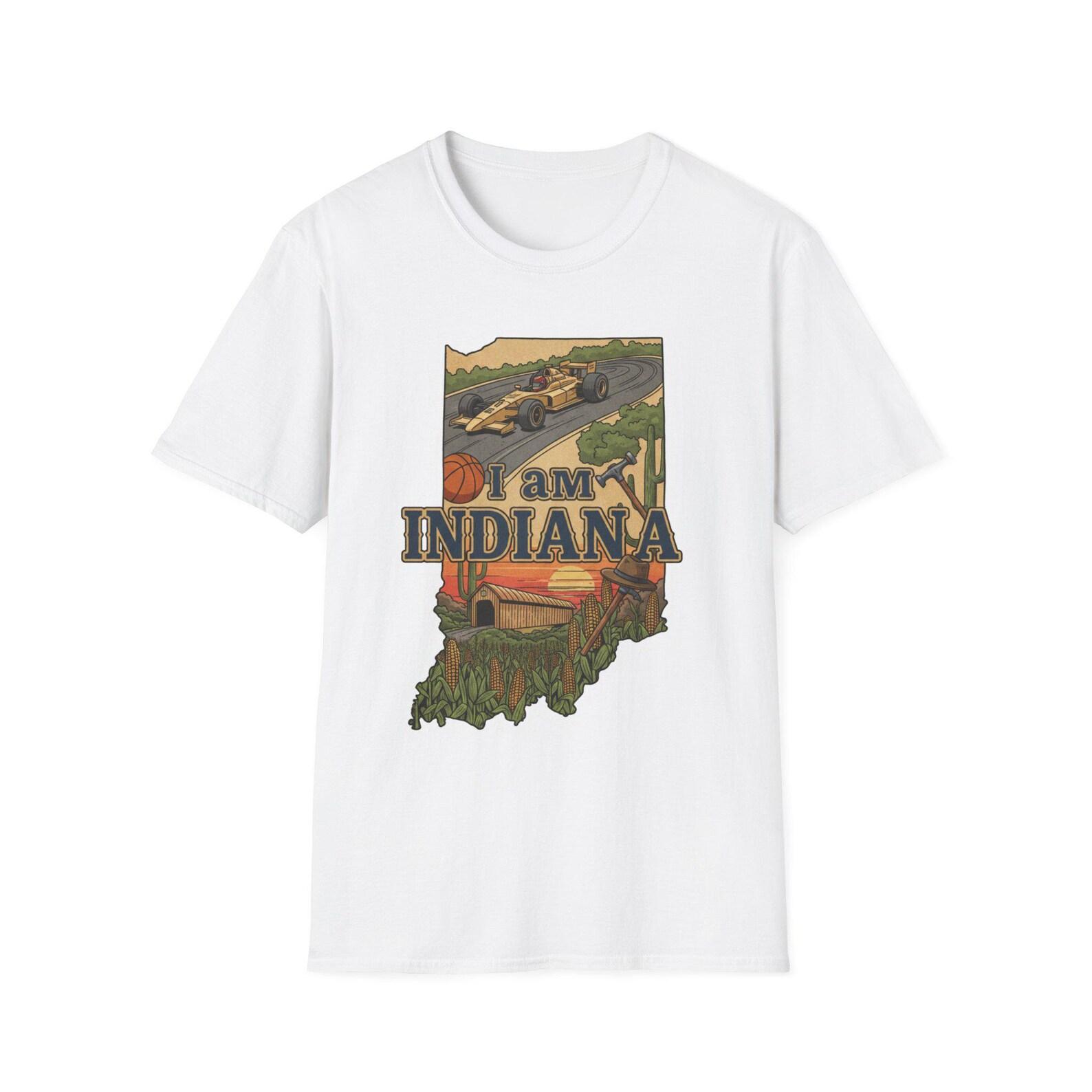 I Am Indiana T-Shirt | Indiana State Outline, Basketball & Race Car Design XL