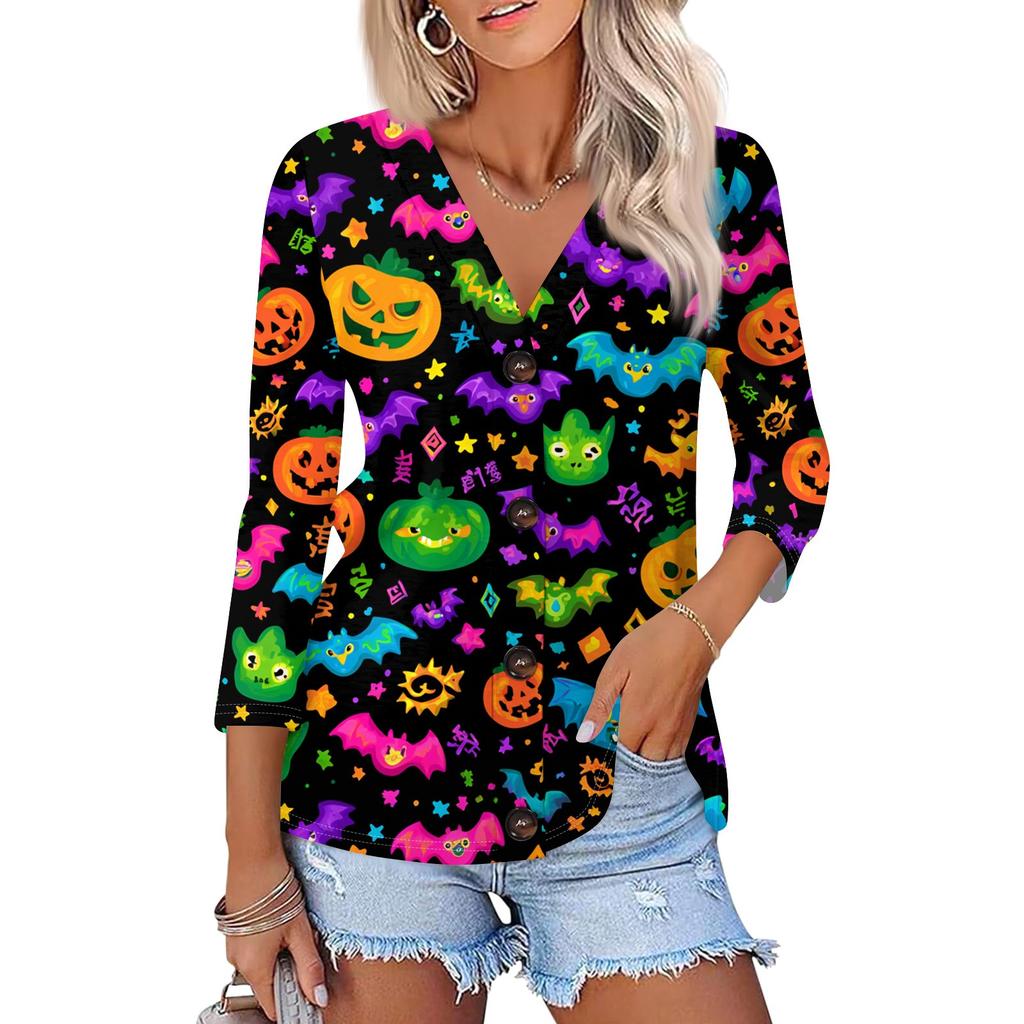 Damenmode Lässiges bedrucktes Button-Down-Hemd 3/4 lange Ärmel Oberteile