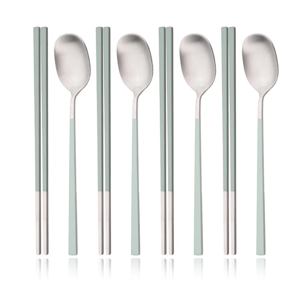 Stainless Steel Matte Cutlery Set Sushi Sticks Dinner Spoons Set 8Pcs Dinnerware Korean Chopsticks Dessert Spoon Flatware Set