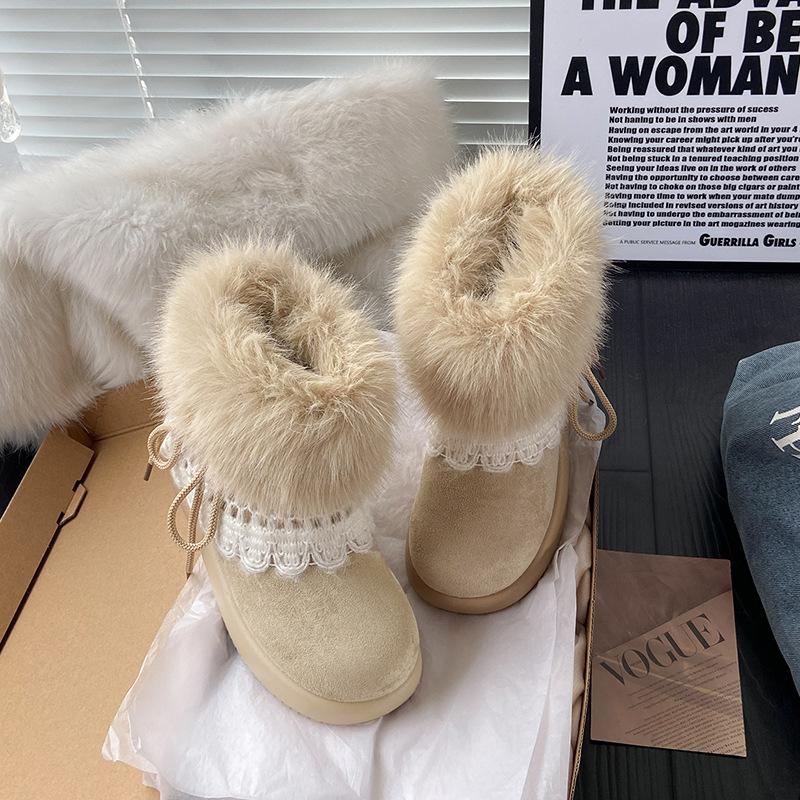 

Women s furry mouth lightweight thick sole winter warm one-step snow boots lined with fleece non-slip wear casual sports cotton boots 35