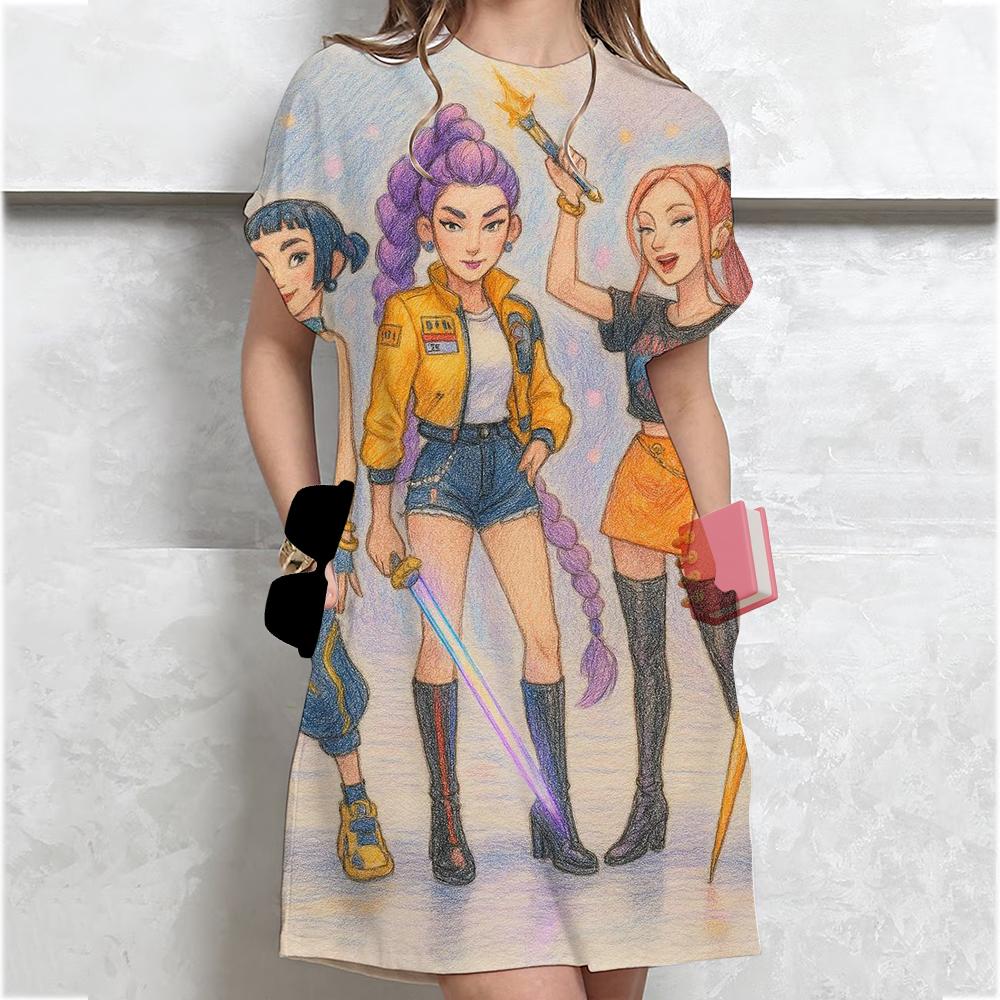 Kpop Lovec Démonů Huntrix Šaty Pro Ženy Módní Dámské Ležérní Šaty S Květinovým Potiskem Elegantní Výstřih Do V Volné A-Liniové Boho Plážové Šaty