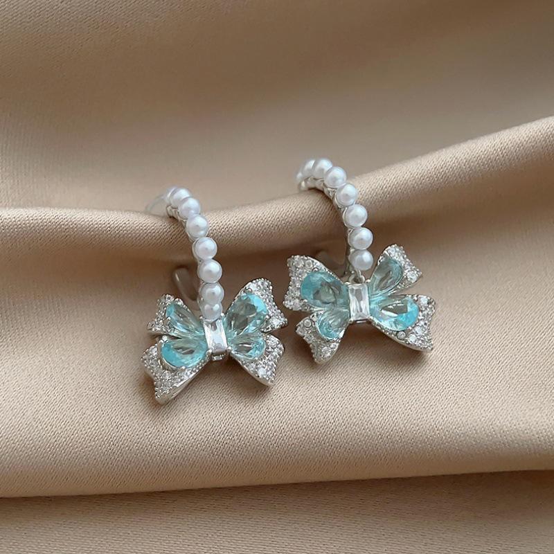 Elegant Blue Zircon Bow Pearl Stud Earrings – High-End, Versatile Fashion for Women