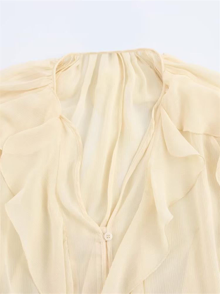 Camicia da donna a strati con cravatta a fiocco e maniche a lanterna francesi primavera 2025