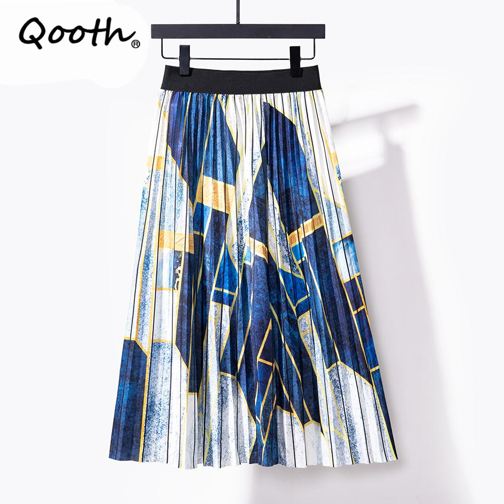 

Qooth женская летняя плиссированная юбка с цветочным принтом и геометрическим принтом, с высокой талией, элегантная длинная юбка трапециевидной формы QT1670 one size синий