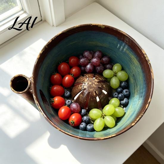 Fruit Wash Colander Cleaner Berry Bowl with Drainage Holes Rinse Handmade Rustic Style Basket for Kitchen Countertop Rinsing