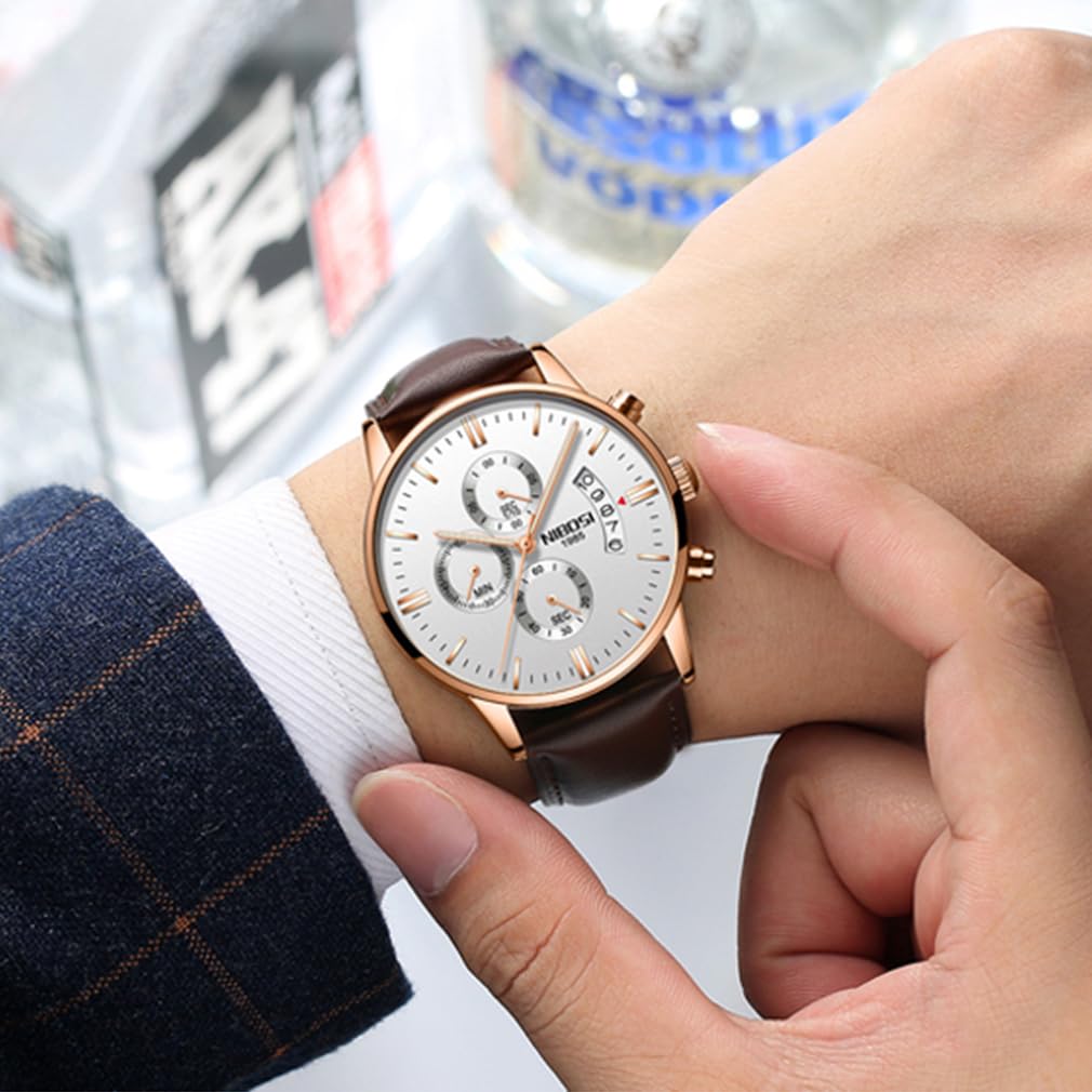 NIBOSI Watch Brown Leather Strap Chronograph Waterproof Brand Analog Business Arm Watch Stylish Casual Big Face Watch Luxury Gift White Watch for Men