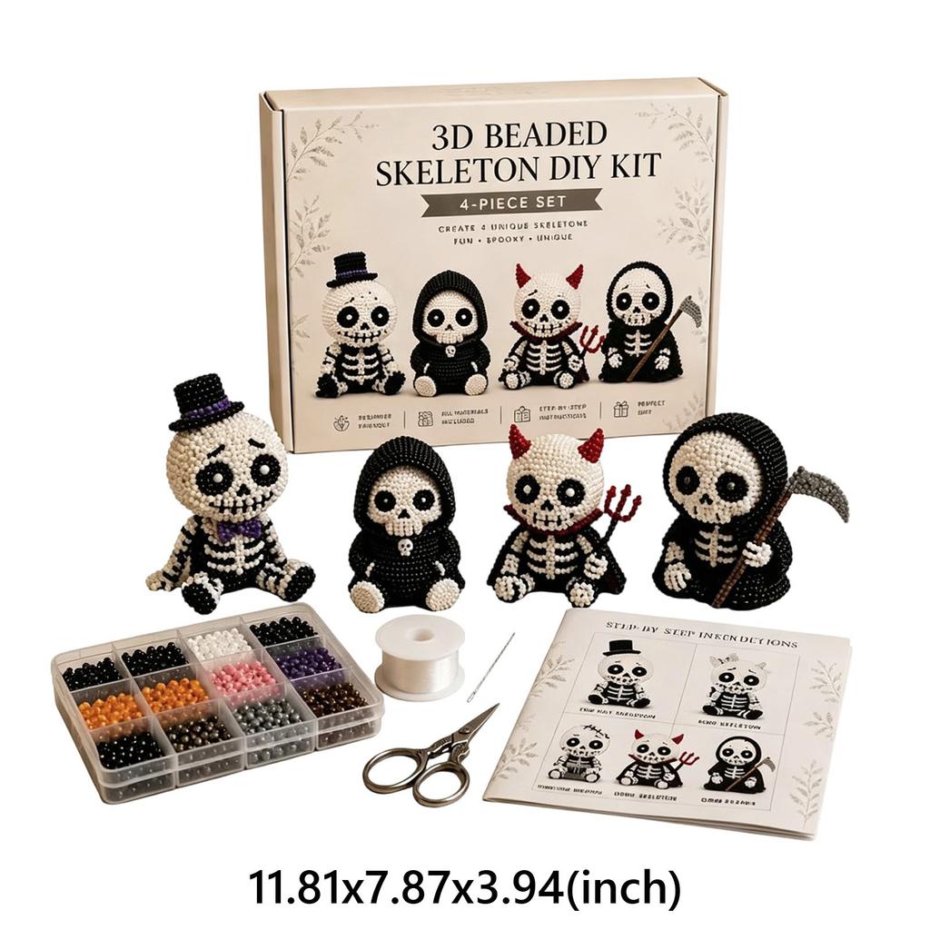 4Pcs Cute Skeleton Bead Craft Set Beginner-Friendly Handmade Skeleton Figurine Making Kit for Teens Adults Home Decor Gift