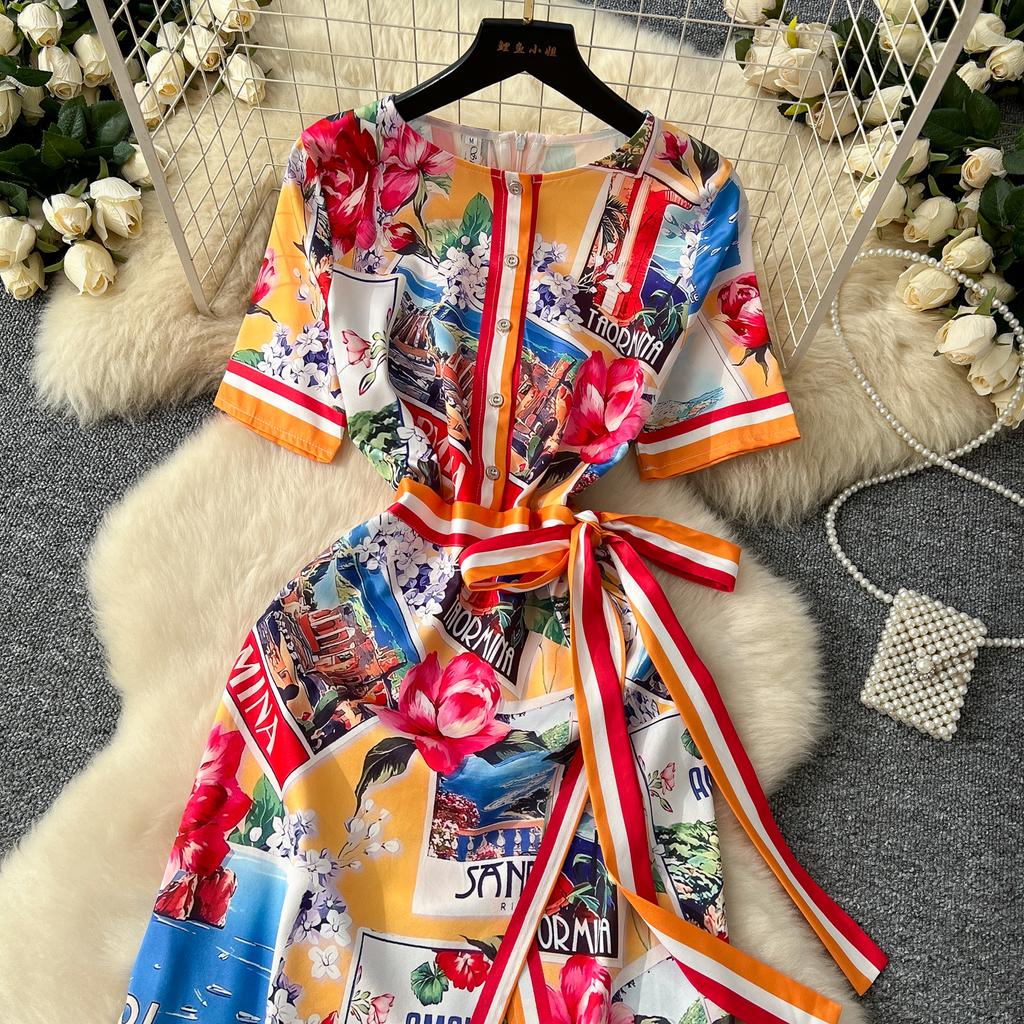 Sommer Damen Designer Vintage Print Laufstegkleid Kurzarm Schnürung Slim Bodycon Party Bleistiftkleider