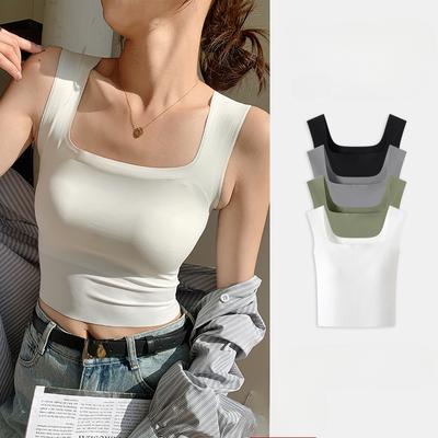 Colete elegante casual e estiloso H581, camisola com decote quadrado e franzido por dentro, sem deixar rastros, com bojos, sutiã, peça única, tops