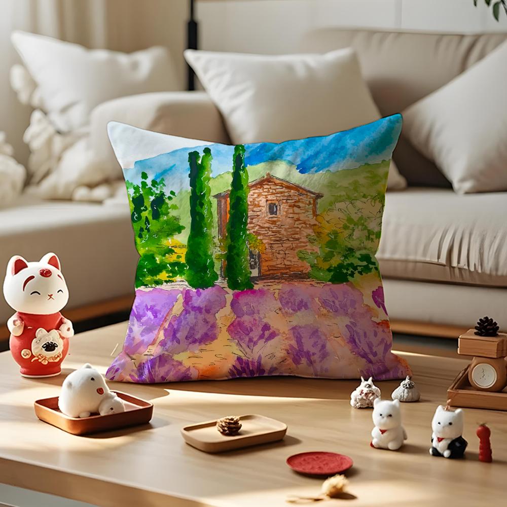 

Colorful Farm Painting Pillow Case Antidustmite Pillowcase Invisible Zipper Silky Short Plush Sofa Cushion Cover 30x30cm