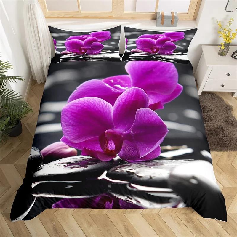 Zen Stones King Duvet Cover Sandy Beach Bedding Set Microfiber Purple Phalaenopsis Comforter Cover Meditation Bedspread Cover