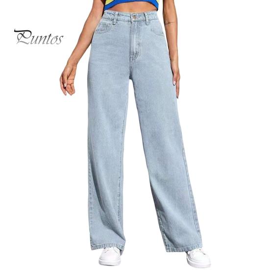 Gerade Schlagjeans für Damen, hohe Taille, Knopfverschluss, Hose mit Reißverschluss, einfarbige Jeanshose mit Taschen für den Alltag, Schulweg