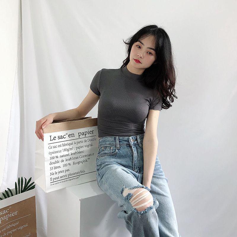 European & American Style High-Neck Slim-Fit Short-Sleeve Women's Crop Top