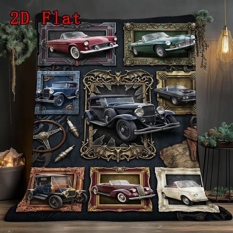 Vintage Car Art Rug 2D Flat Pattern Flannel Blanket, High Quality All Seasons, Home Decor, Warmth and Comfort, Perfect for Christmas Gifts.