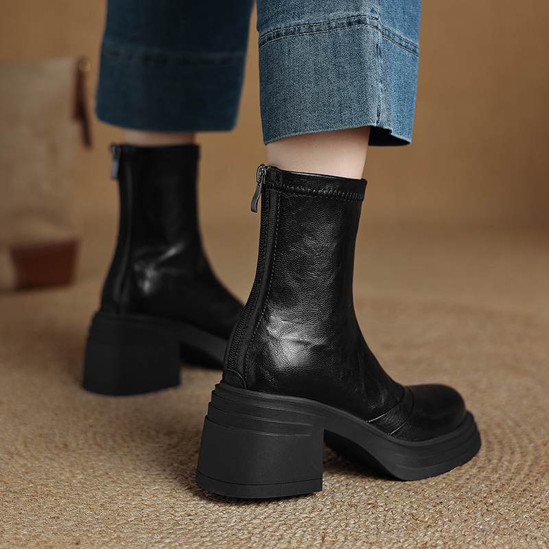 Krazing Pot Sheepskin Winter Round Toe Modern Platform Boots Thick High Heels Zipper Women Ankle Boots