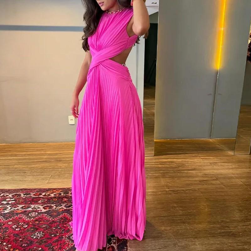 Elegant Solid Color Wrap Backless Waist-Baring Midi Dress Women 2026 High-Waisted A-Line Sleeveless Office Casual Small розоватый