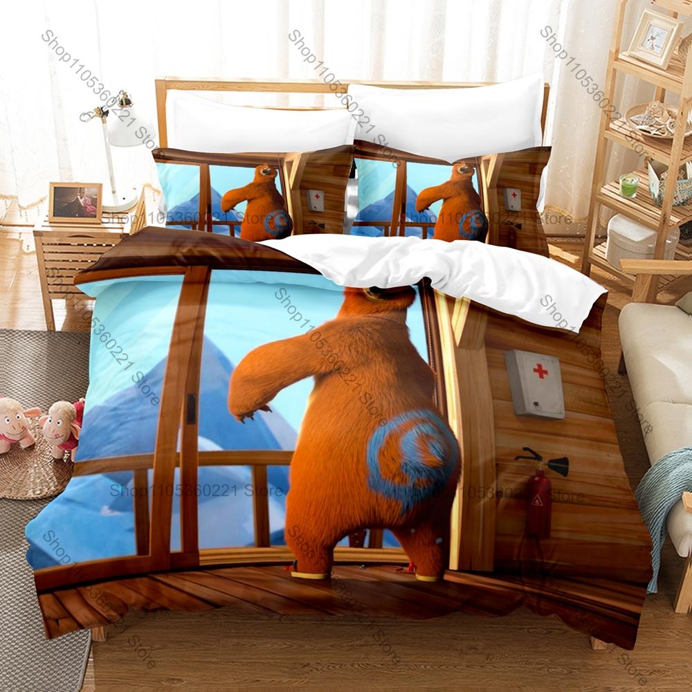 Collage Cartoon Orso Grizzy e Lemming Birbanti Scena Comica 3 Pezzi Biancheria da Letto Copripiumino + 2 Federe Decorazione Casa